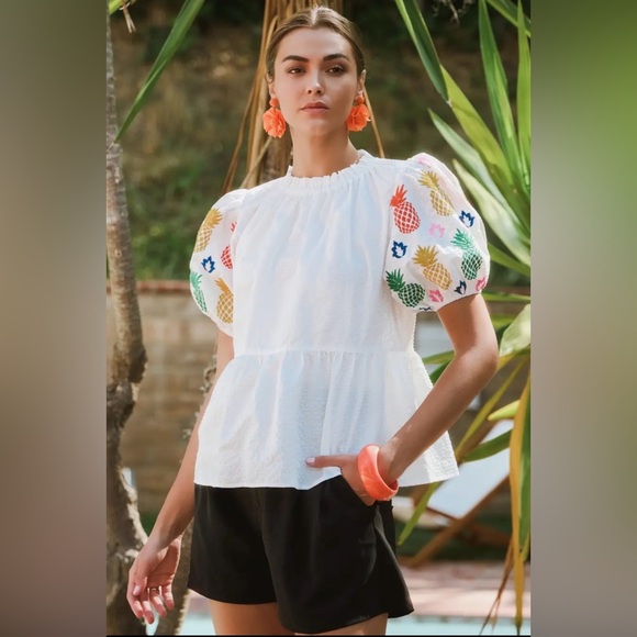 White textured fruit dolce pineapple ruffle bubble sleeve tunic top blouse - Picture 2 of 12